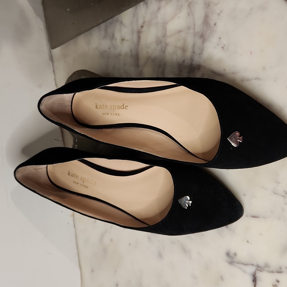 Black Kate Spade Suede Flats with Silver Spade Accent